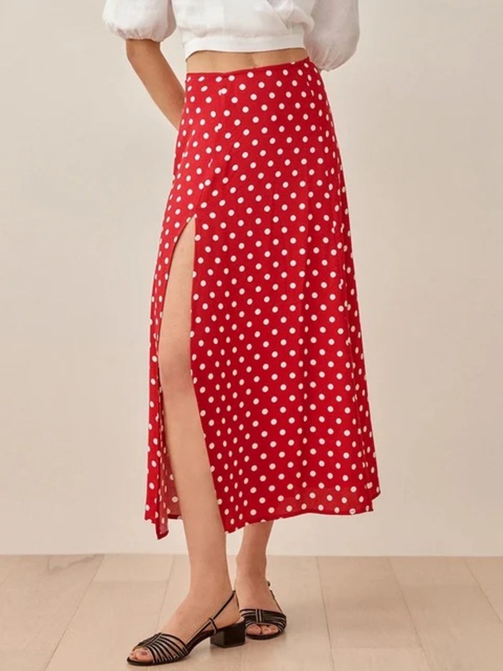 Reformation Zoe Red Polka Dot Side-Slit Midi Skirt NWT 6